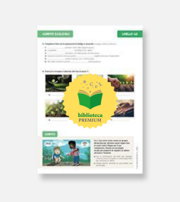 Una pagina di un foglio di lavoro sfocata con immagini di piante in crescita e un fumetto di due persone che fanno giardinaggio. Un badge giallo "biblioteca PREMIUM" con un libro aperto e delle stelle copre il centro della pagina.