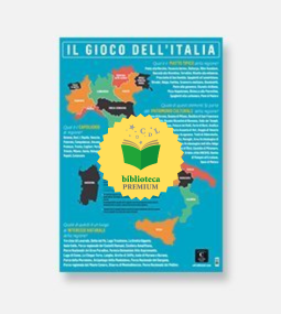 Una mappa illustrata e colorata dell'Italia recante la dicitura "IL GIOCO DELL'ITALIA" con le diverse regioni evidenziate in vari colori, sormontate da un badge giallo con l'icona di un libro e la dicitura "biblioteca PREMIUM".