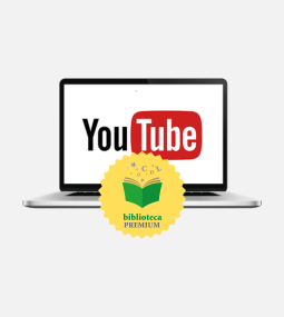 Un computer portatile con il logo di YouTube sullo schermo e un badge giallo "biblioteca PREMIUM" raffigurante un libro aperto e delle stelle sovrapposte al centro.