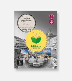 Copertina del libro in bianco e nero con titolo circolare in alto, sfondo di una città e un badge giallo "biblioteca PREMIUM" con l'immagine di un libro aperto al centro.