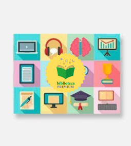 Una griglia di quadrati colorati contiene icone che rappresentano la tecnologia e l'istruzione, come un laptop, delle cuffie, un cervello, un grafico, un tablet, un trofeo, una matita, un monitor, un cappello da laureato e una tastiera. Al centro si trova un distintivo giallo "biblioteca premium".