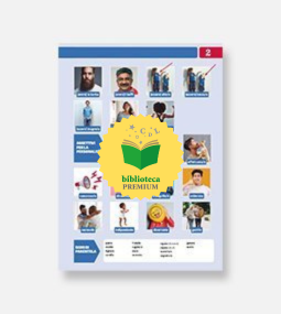 Un grafico con diverse immagini che mostrano persone che esprimono emozioni o azioni, ciascuna etichettata in spagnolo. Un badge giallo "biblioteca PREMIUM" copre il centro, oscurando parzialmente alcune immagini e testo.