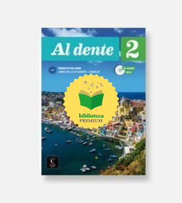 Copertina del libro di testo intitolata "Al dente 2" con una vista aerea di una colorata città costiera e un badge giallo "biblioteca PREMIUM" al centro.