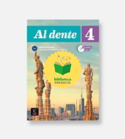 Copertina del libro di testo "Al dente 4" con statue su colonne e uno skyline cittadino sullo sfondo. Al centro della copertina è presente un badge giallo "biblioteca premium" con l'icona di un libro.
