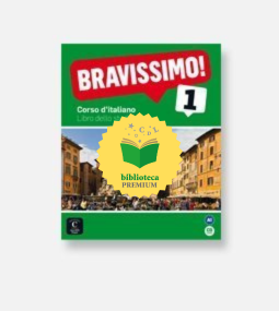 L'immagine mostra la copertina di un libro di testo in lingua italiana intitolato "BRAVISSIMO! 1" con una foto di una scena di strada italiana e un adesivo giallo "biblioteca premium" che copre parte della copertina.