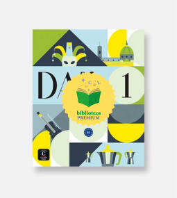 Copertina del libro con motivo geometrico raffigurante una maschera, edifici e caffettiere in blu, giallo e verde. Al centro è presente un distintivo giallo con un libro aperto e il logo "biblioteca PREMIUM".