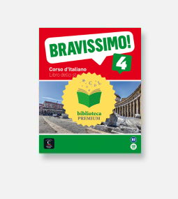 Copertina del libro "Bravissimo! 4 Corso d'italiano Libro dello studente" con l'immagine di una piazza italiana, il logo Biblioteca Premium e un disegno rosso e verde.