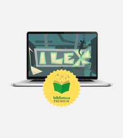 Un computer portatile mostra la parola "ILEX" sullo schermo. Davanti al computer è presente un badge giallo con la scritta "biblioteca PREMIUM" e l'icona di un libro aperto.