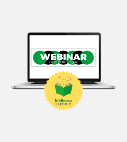 Un computer portatile mostra un banner con la scritta "WEBINAR Casa delle Lingue". Davanti al computer c'è un badge giallo con un libro verde e la scritta "biblioteca PREMIUM".