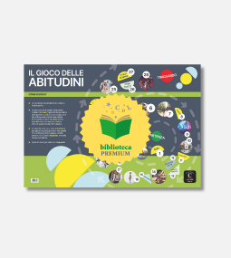 Un poster colorato del gioco da tavolo intitolato "Il Gioco delle Abitudini" con grafiche giocose, cerchi contenenti numeri e foto, un logo del libro con la scritta "biblioteca PREMIUM" e testo didattico in italiano.