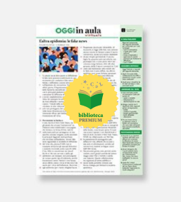 Una newsletter intitolata "OGGI in aula" con una sezione sulle fake news, una piccola illustrazione di persone, barre laterali verdi e un badge giallo "biblioteca PREMIUM" che copre parte del testo.