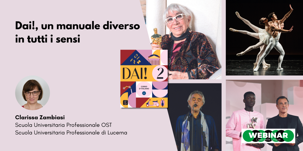 Immagine promozionale del webinar con ritratti di persone, ballerini in esibizione, una copertina del libro intitolata "DAI! 2" e testo con i dettagli dell'evento. La relatrice principale è Clarissa Zambiasi della scuola professionale di Lucerna.