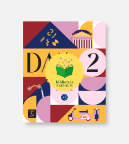 Copertina di libro geometrica colorata raffigurante varie forme, icone come uno scooter, libri e occhiali, con un sigillo giallo con la scritta "biblioteca PREMIUM" sopra un libro aperto al centro.