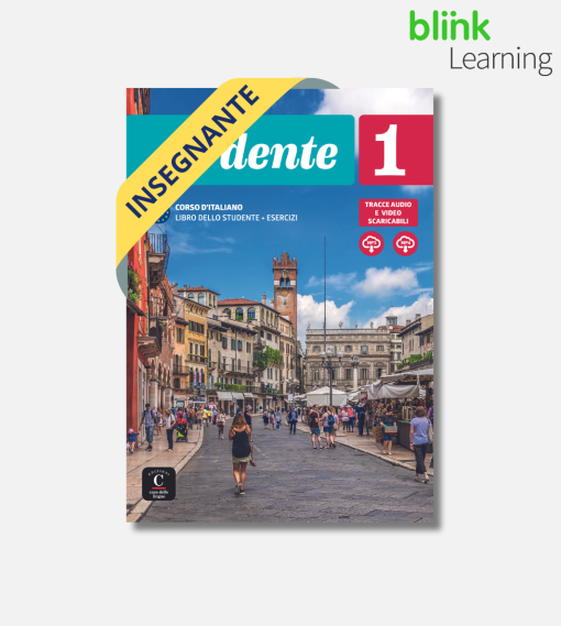 Copertina di un libro di testo di lingua italiana intitolato "Prendente 1" con una scena di strada in Italia, uno striscione giallo con la scritta "INSEGNANTE" e il logo di BlinkLearning nell'angolo in alto a destra.
