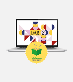 Un portatile mostra forme geometriche colorate e il testo "DAI! 2" sullo schermo. Davanti al portatile c'è un badge dorato con la scritta "biblioteca PREMIUM" e l'icona verde di un libro aperto.