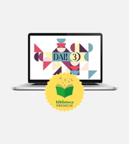 Un computer portatile mostra forme geometriche colorate e la scritta "DA! 3". Davanti al computer portatile c'è un badge giallo con un libro verde aperto e la scritta "biblioteca PREMIUM".