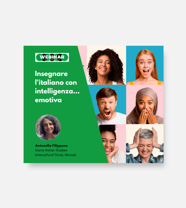 Poster del webinar con quadrati colorati che mostrano diverse persone che esprimono emozioni diverse. Il testo in italiano recita: "Insegnare l'italiano con intelligenza... emotiva". Antonella Filippone è indicata come relatrice.