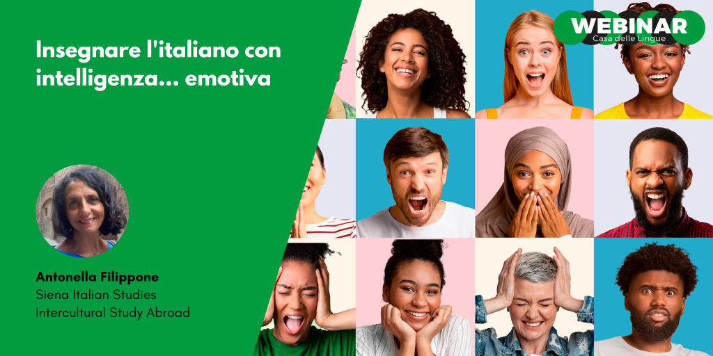 Banner del webinar con il titolo "Insegnare l'italiano con intelligenza... emotiva" e foto di persone diverse che mostrano diverse espressioni facciali. Relatrice: Antonella Filippone. Sono visibili anche loghi e dettagli dell'evento.